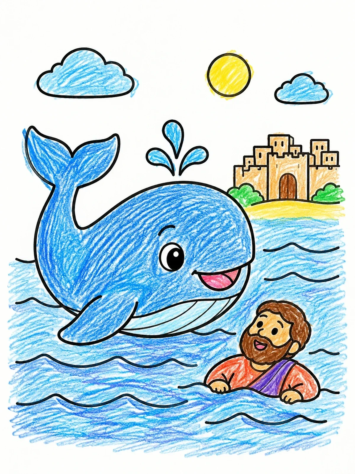 Colored example of the Friendly Whale And Jonah In The Sea coloring page