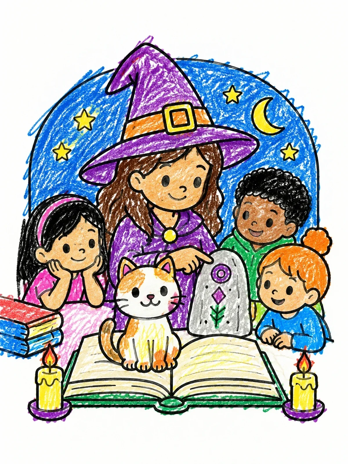 Colored example of the Friendly Witch Teaching Magic To Children coloring page