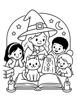 A friendly witch coloring page showing a cat, spellbook, and children learning magic.