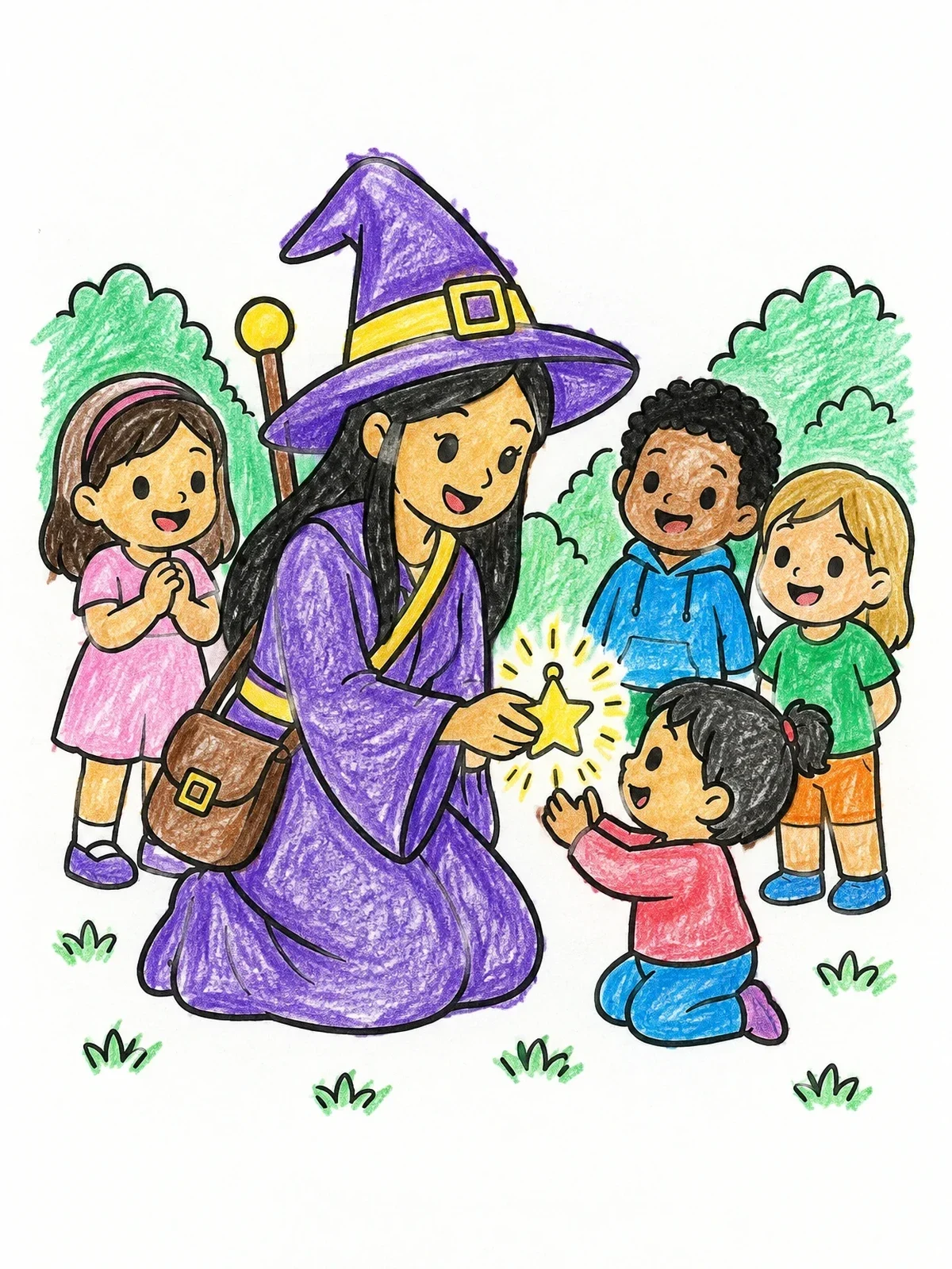 Colored example of the Friendly Witch And Happy Children coloring page