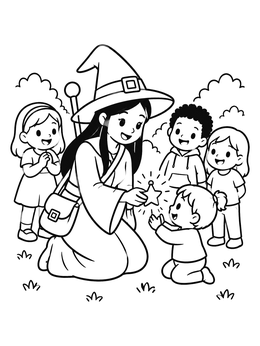 A friendly witch coloring page showing her gifting a glowing star charm to kids.