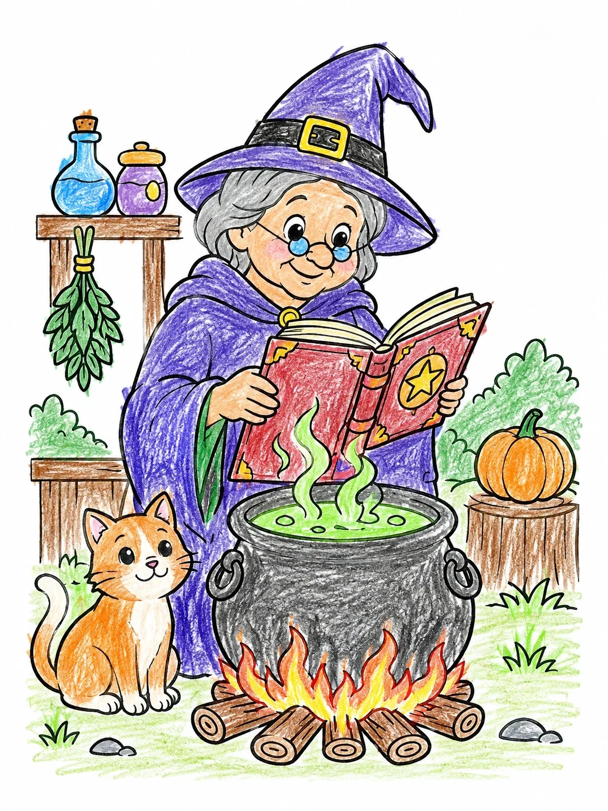 Colored example of the Friendly Witch Reading Beside Cauldron coloring page