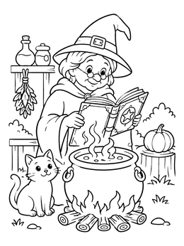Free printable Friendly Witch Reading Beside Cauldron coloring page