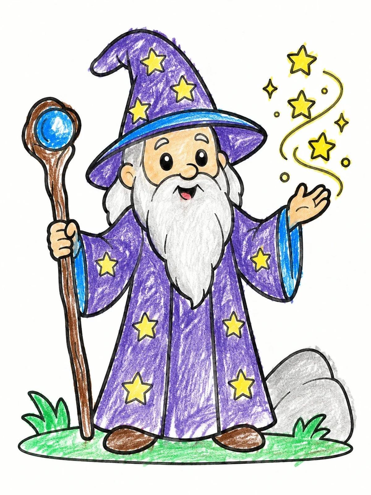 Colored example of the Friendly Wizard Casting Magic Stars coloring page