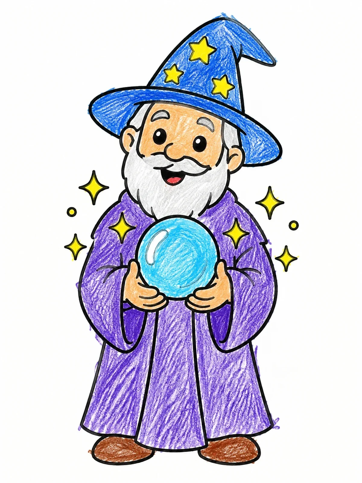 Colored example of the Friendly Wizard With Crystal Ball coloring page