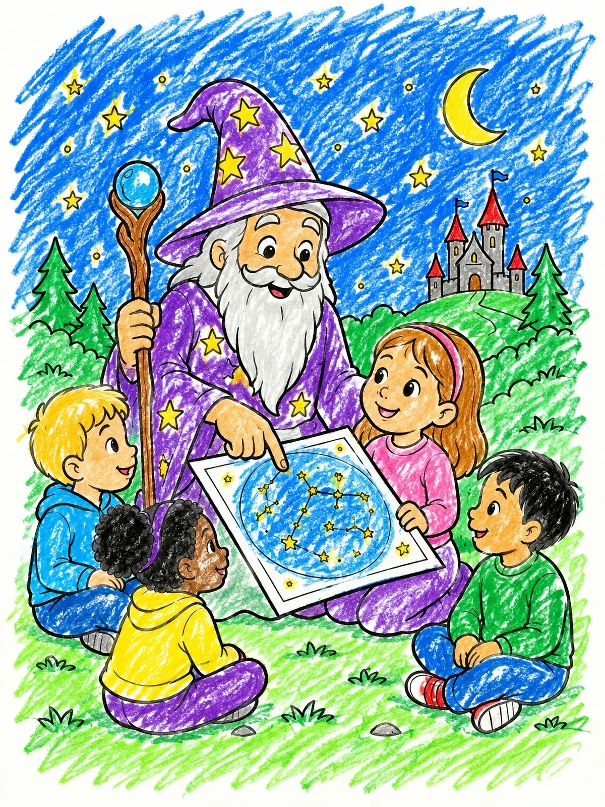 Colored example of the Friendly Wizard Teaching Children Constellations coloring page