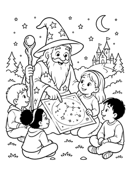 Free printable Friendly Wizard Teaching Children Constellations coloring page