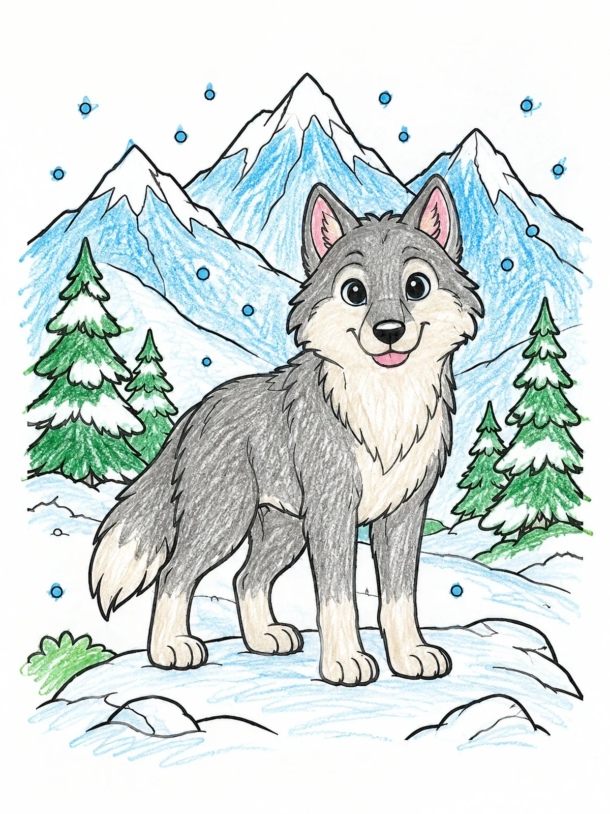 Colored example of the Friendly Wolf In Snowy Mountains coloring page