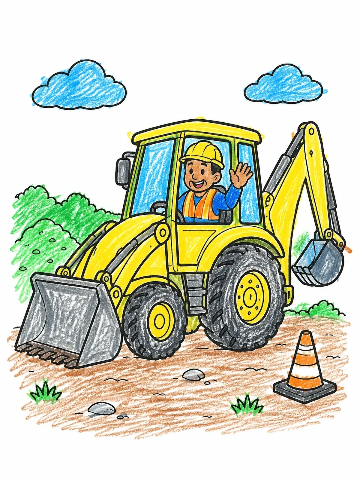 Colored example of the Friendly Worker Driving A Backhoe coloring page