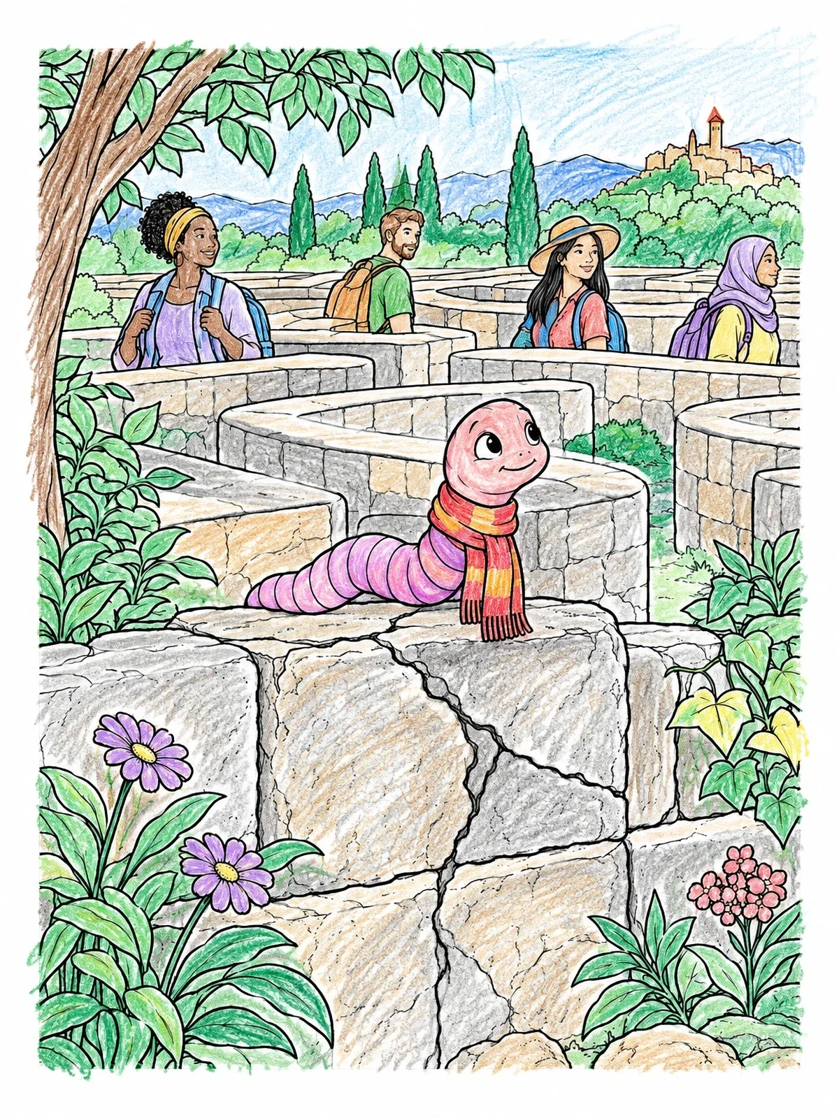 Colored example of the Friendly Worm At Stone Labyrinth coloring page