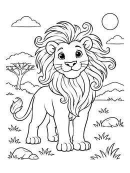 A cute lion coloring page featuring a smiling young lion with a wavy mane in the sunny savanna.