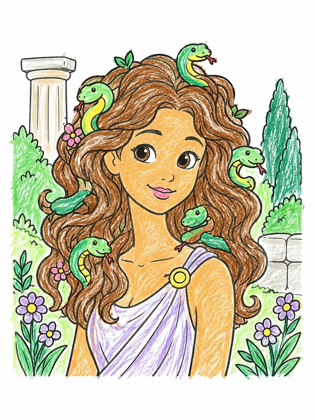 Colored example of the Friendly Young Medusa In Ancient Garden coloring page