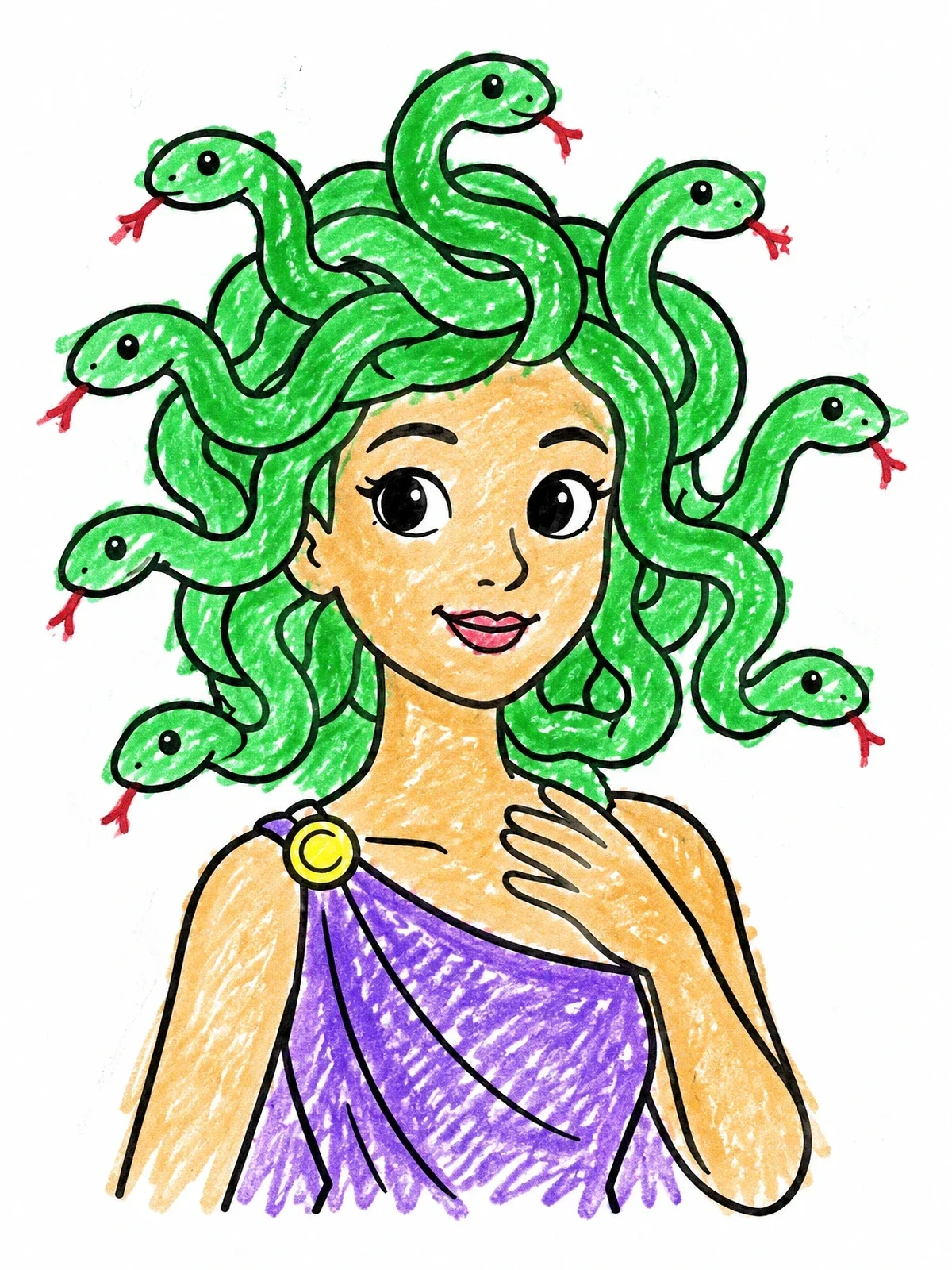Colored example of the Friendly Young Medusa With Snake Hair coloring page