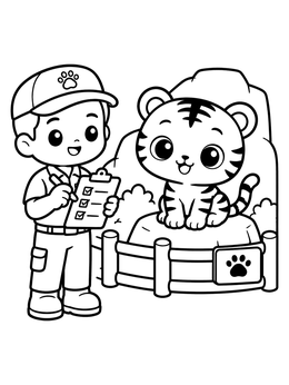 A friendly keeper checks on a cute cub in this zoo coloring page.