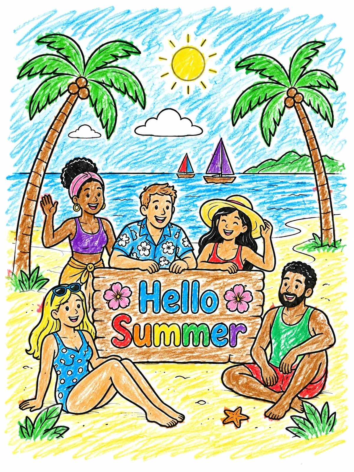 Colored example of the Friends Greeting Summer On Tropical Beach coloring page