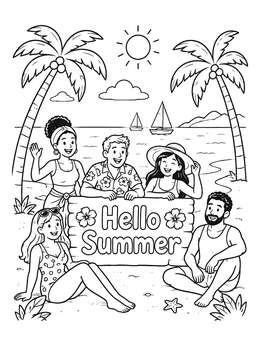 A cheerful hello summer coloring page with smiling friends around a wooden sign at the beach.