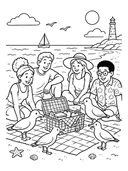 A sunny beach coloring page showing friends having a seaside picnic while friendly seagulls gather around.