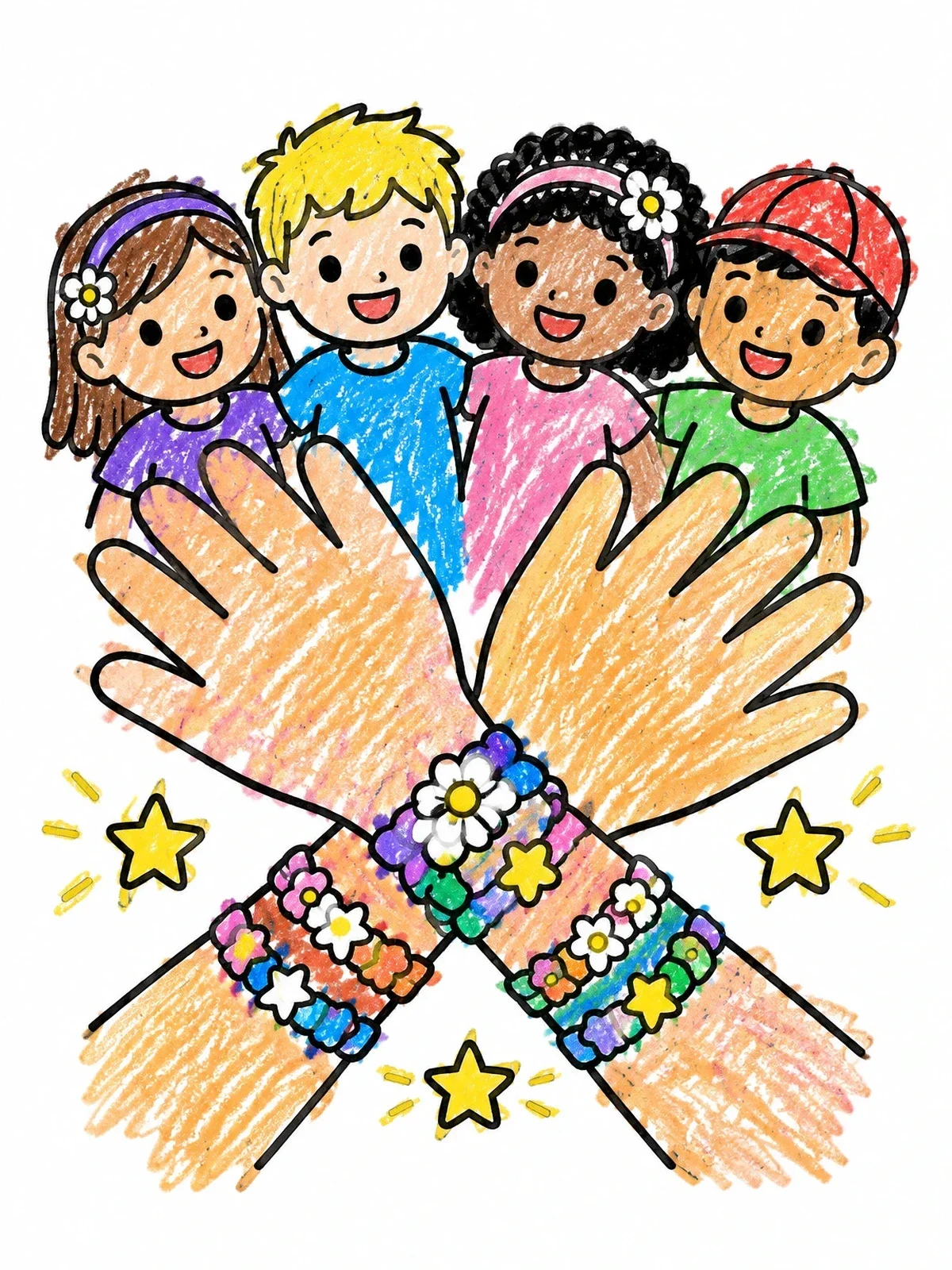 Colored example of the Happy Friends And Beaded Friendship Bracelets coloring page