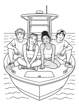 Four teenage friends smiling on a boat bow in this outer banks coloring page.