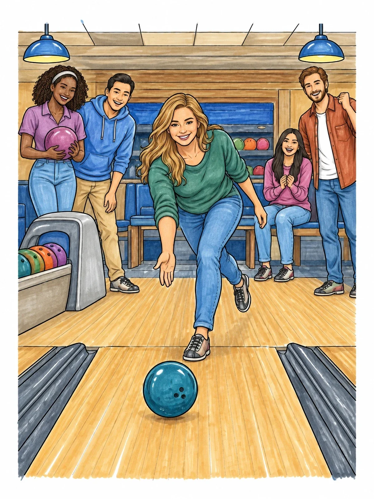 Colored example of the Friends Bowling At The Alley coloring page