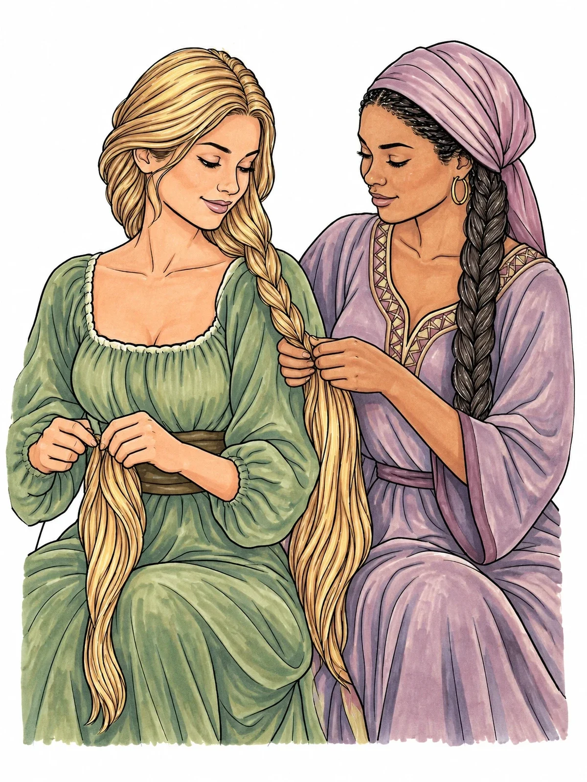 Colored example of the Friends Braiding Long Hair Together coloring page