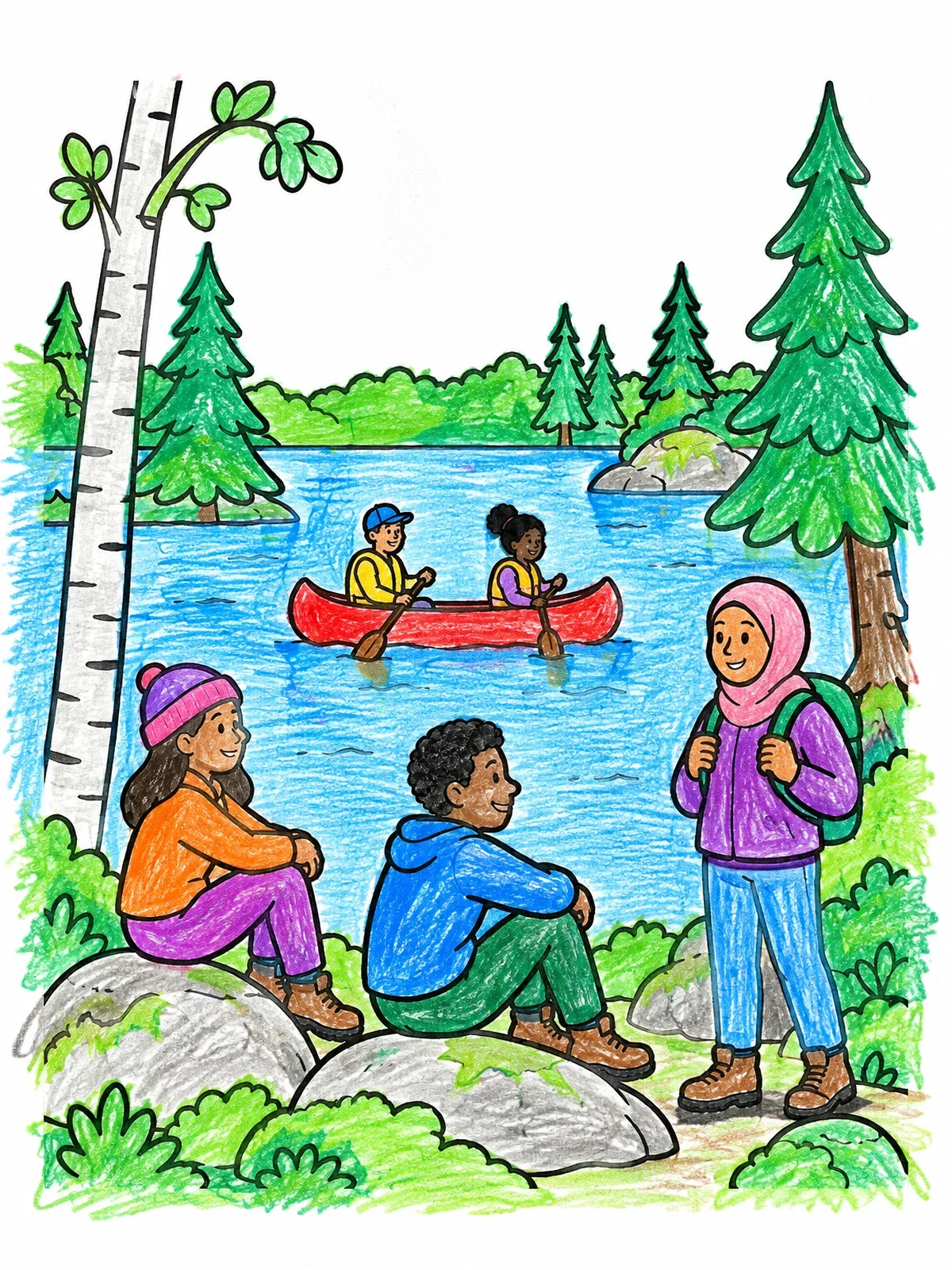 Colored example of the Friends Camping By The Forest Lake coloring page