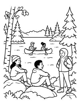 Free printable Friends Camping By The Forest Lake coloring page