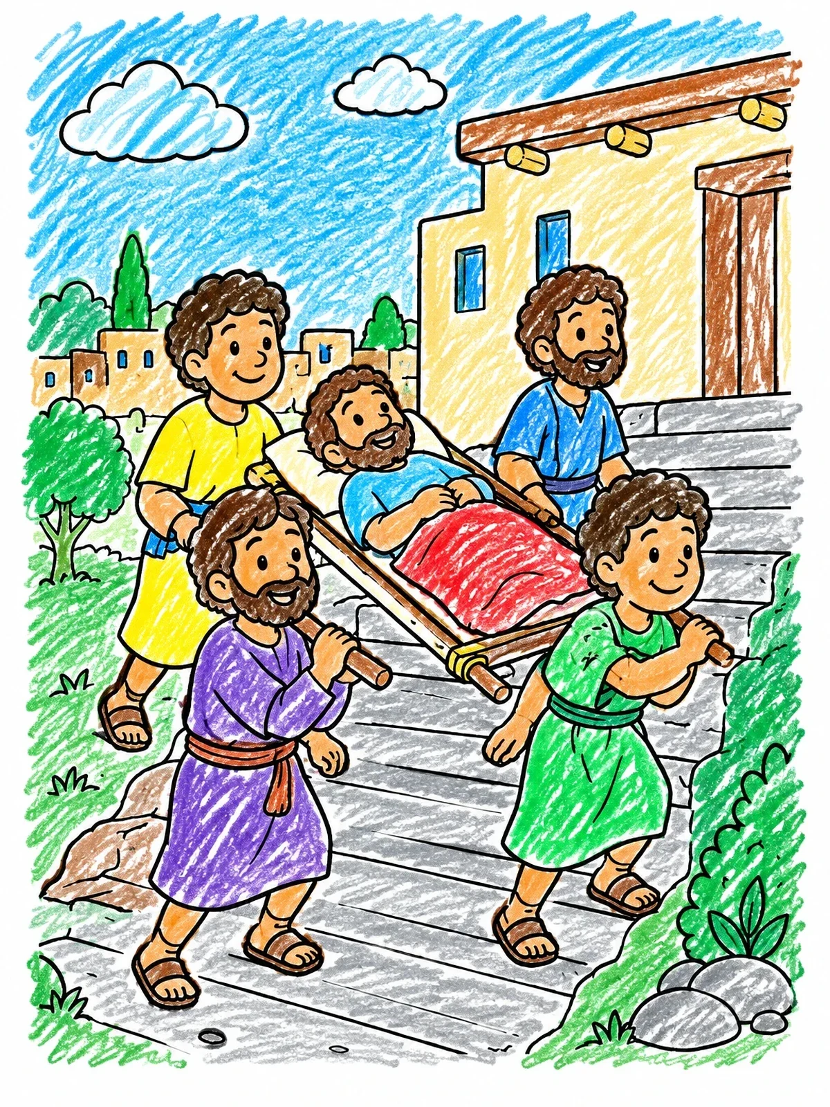 Colored example of the Friends Carrying Man Up The Stairs coloring page