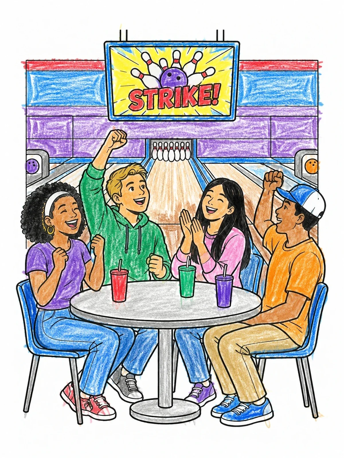 Colored example of the Friends Celebrating A Bowling Strike coloring page