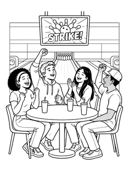 Free printable Friends Celebrating A Bowling Strike coloring page