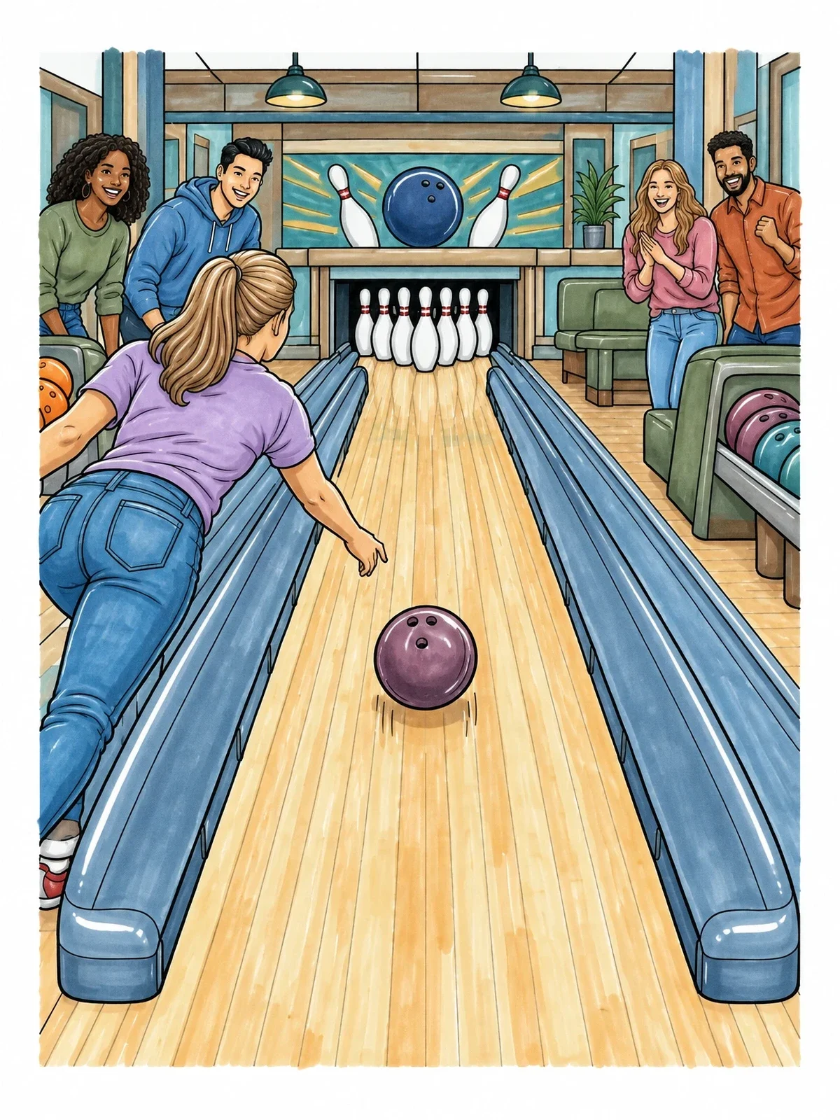 Colored example of the Friends Cheering At The Bowling Alley coloring page