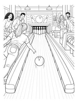 Free printable Friends Cheering At The Bowling Alley coloring page
