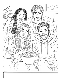Excited friends share popcorn on the couch in this movie night coloring page.