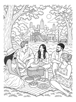 A group of young adults enjoys a picnic coloring page in a sunny park before a city skyline.