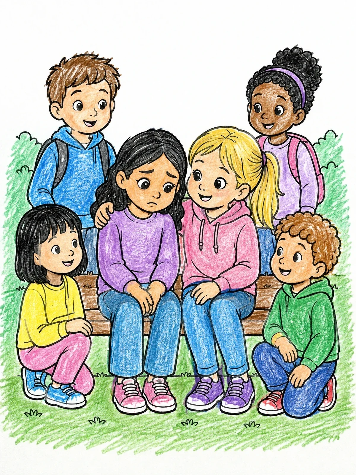 Colored example of the Kind Friends Comforting A Sad Girl coloring page