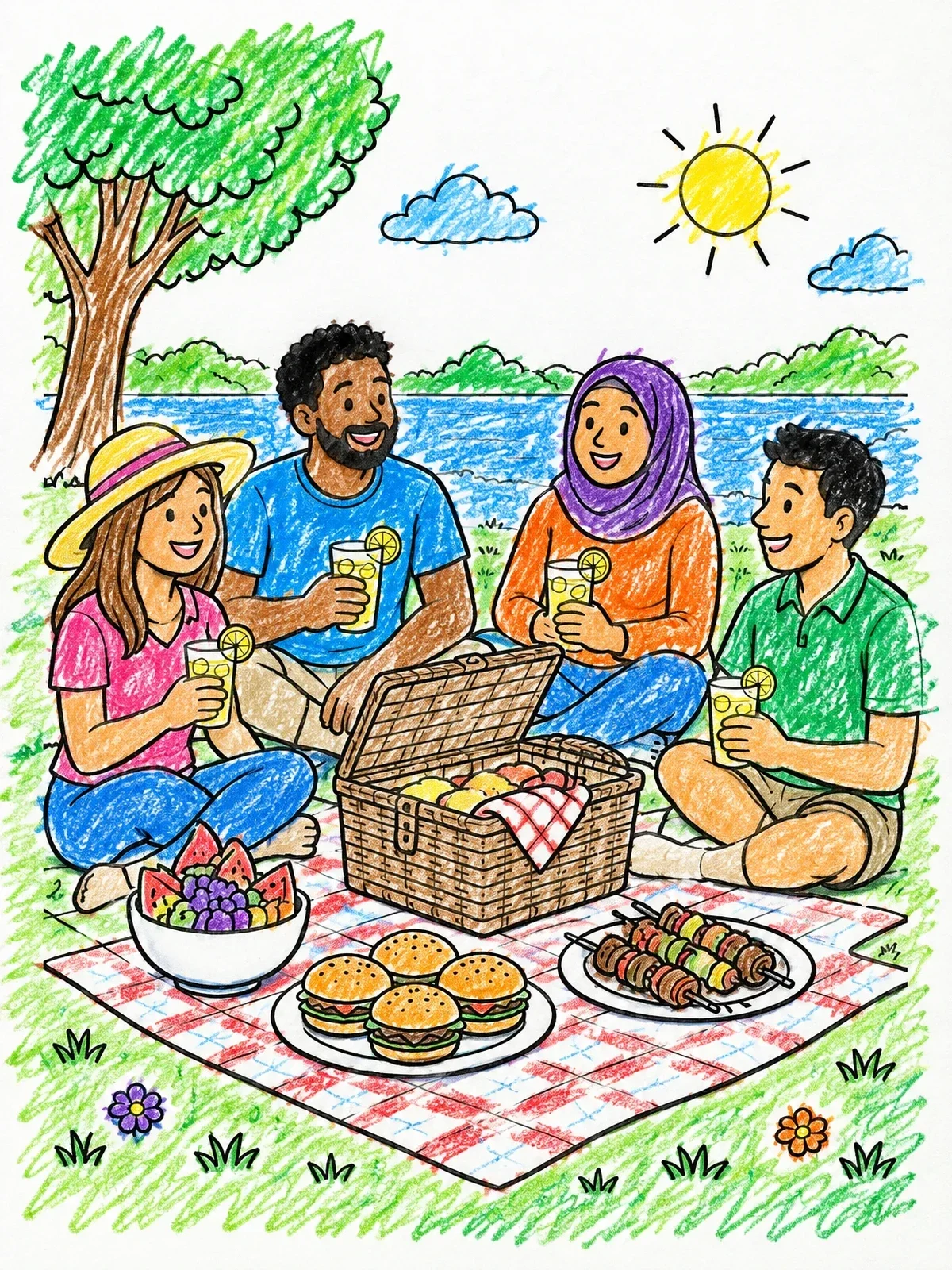 Colored example of the Friends Having A Sunny Cookout Picnic coloring page