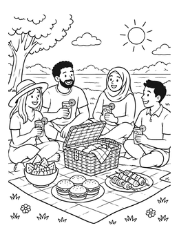 Free printable Friends Having A Sunny Cookout Picnic coloring page