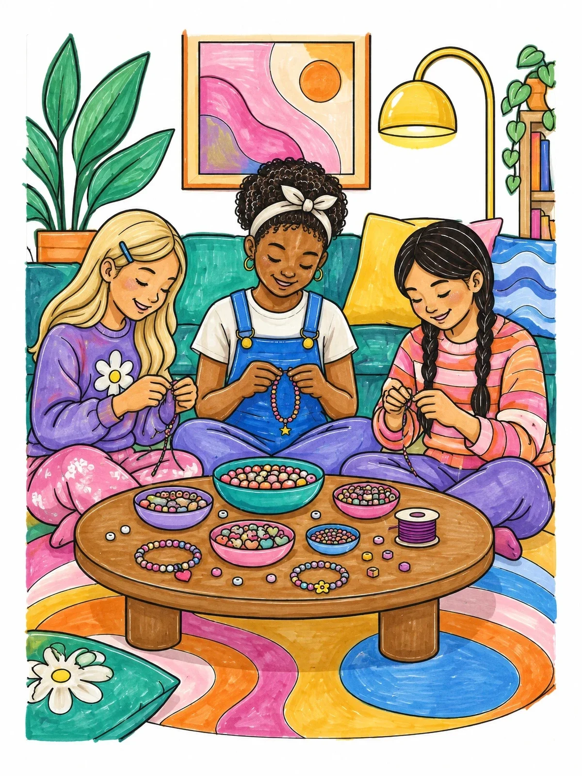 Colored example of the Friends Crafting Bracelets At Sleepover coloring page