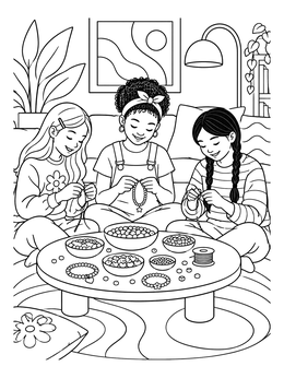 Free printable Friends Crafting Bracelets At Sleepover coloring page