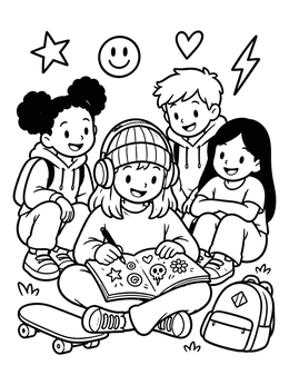 Free printable Friends Doodling With Skateboard And Beanie coloring page