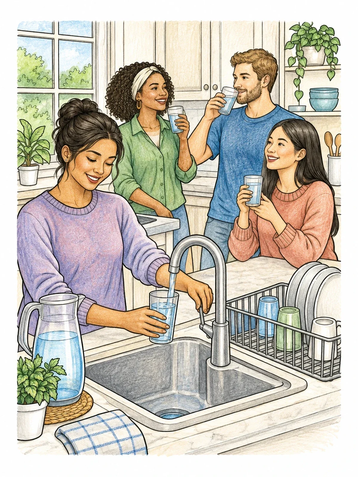 Colored example of the Friends Drinking Water In The Kitchen coloring page