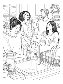 Friends gather together in a bright kitchen in this drinking water coloring page.