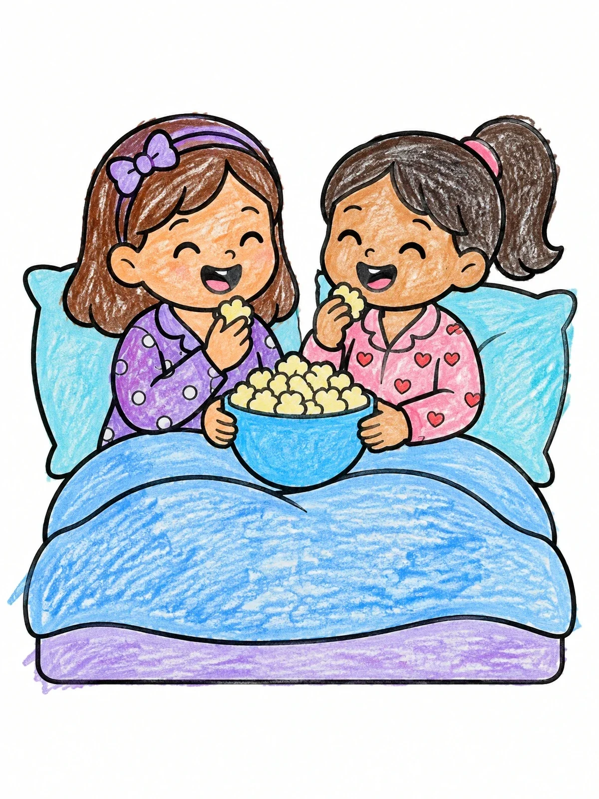Colored example of the Friends Eating Popcorn At Sleepover coloring page
