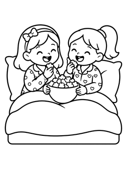 Free printable Friends Eating Popcorn At Sleepover coloring page