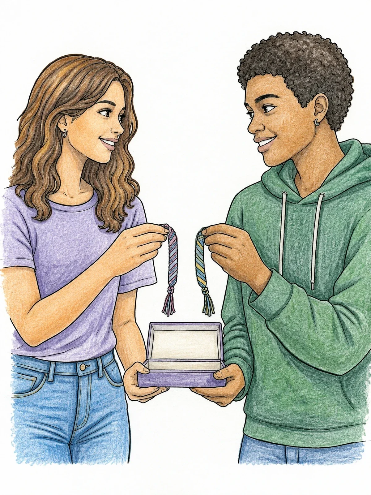 Colored example of the Friends Exchanging Friendship Bracelets coloring page