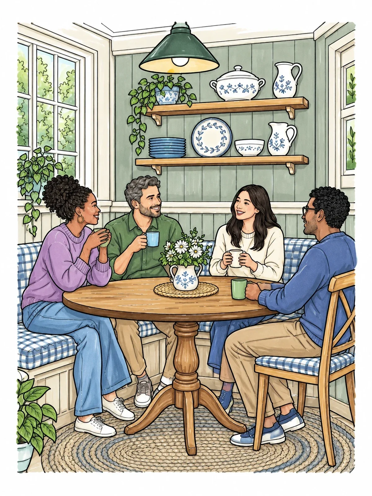 Colored example of the Friends Gathering At Dining Nook coloring page