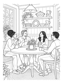 Friends chatting around a table in this cozy dining room coloring page.