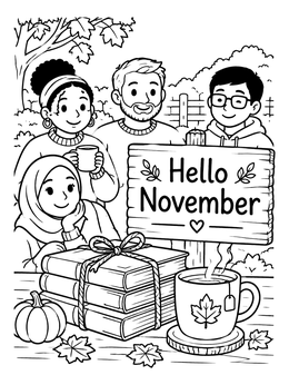 Free printable Friends Gathering For Hello November coloring page