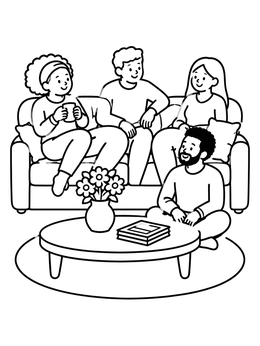 Free printable Friends Gathering In Living Room coloring page