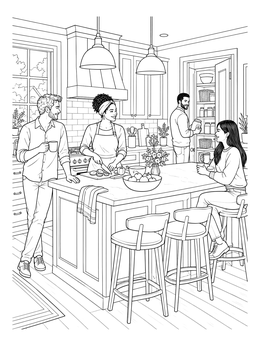 A detailed kitchen coloring page showing friends cooking and chatting around a large island.